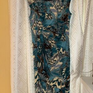 Connected Apparel Teal Marble-Print Ruched Sheath Dress